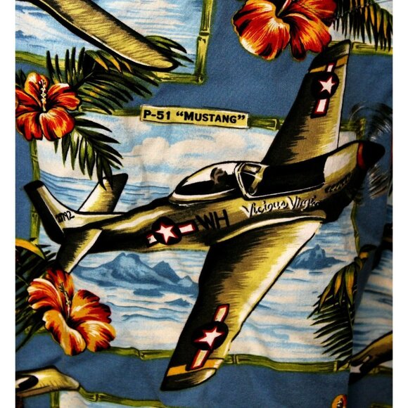 Kalaheo Blue Hawaiian Shirt Planes Bomber Jets Flowers Men's 2XL WW2 WWII - Picture 2 of 11